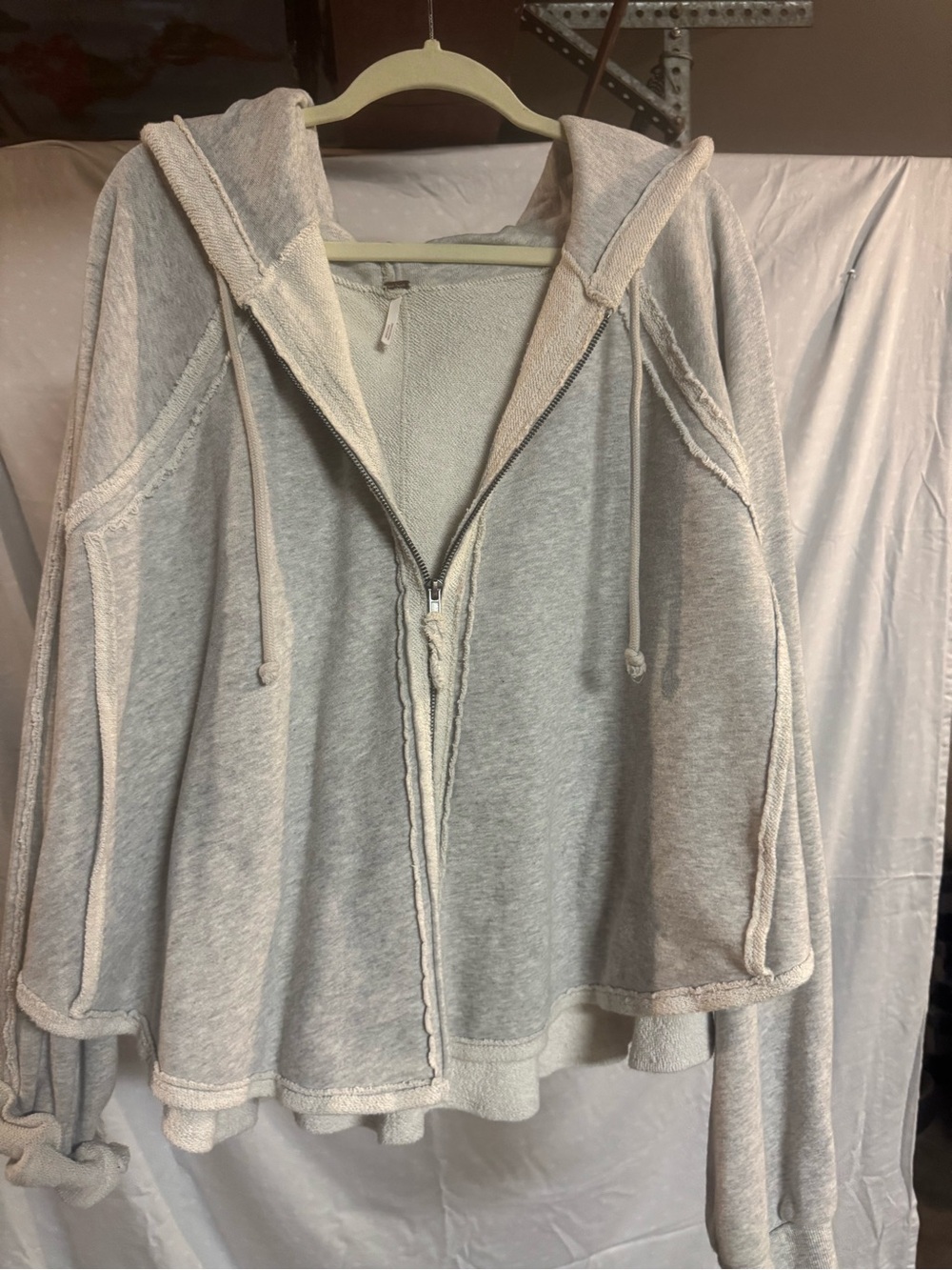 Free People Light Heather Gray and White Swing-Style Hoodie